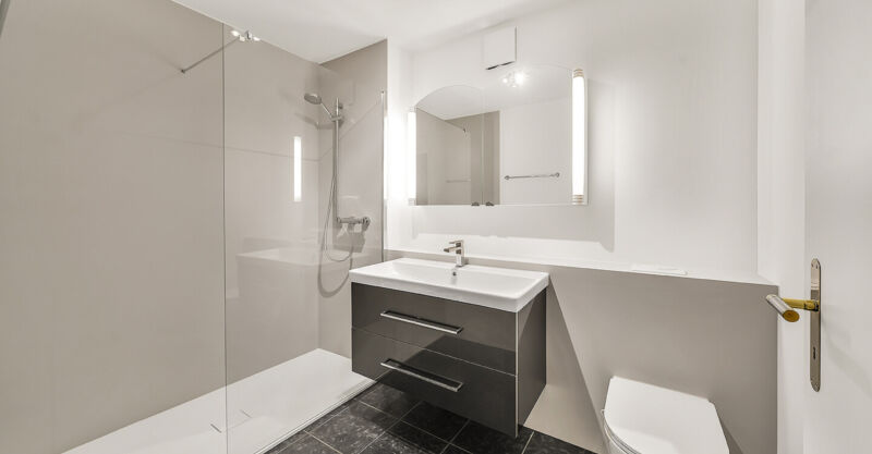 Teilsanierung komfortable Dusche hell grau Waschtisch Spülkastenverkleidung