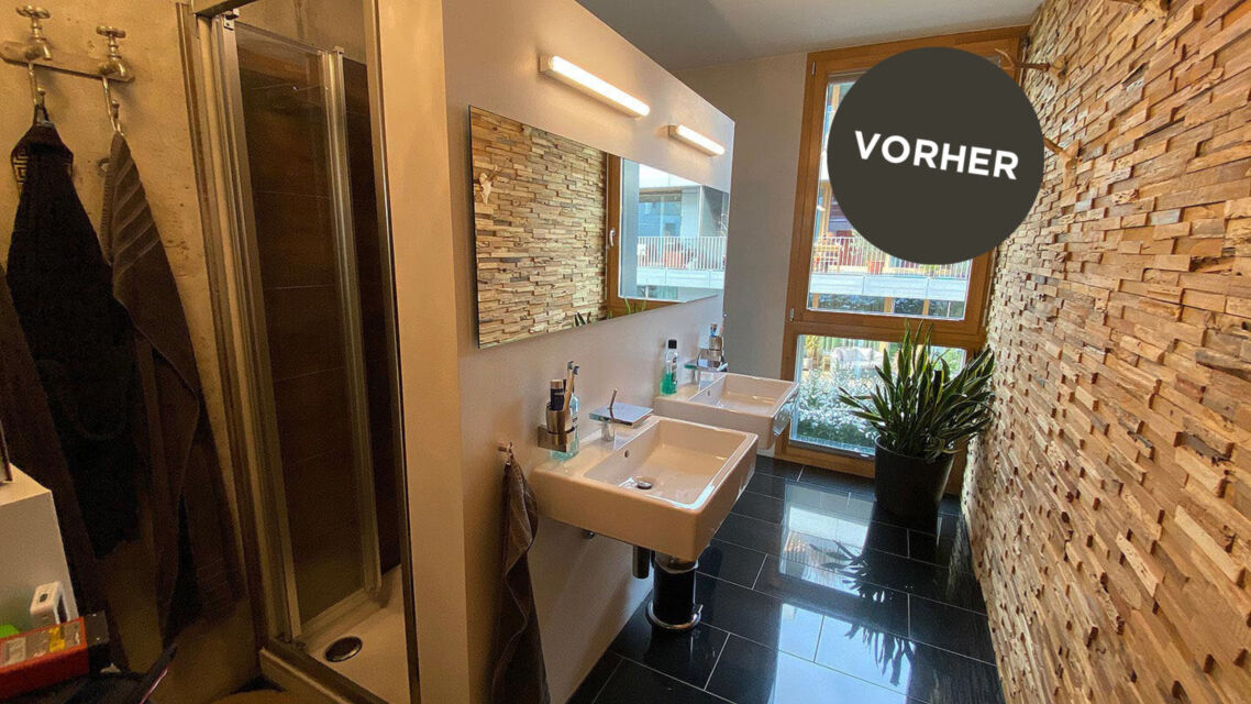 Teil umbau badsanierung grosszuegiger duschbereich edles mattschwarz bronzefarbene armaturen waschbecken vorher