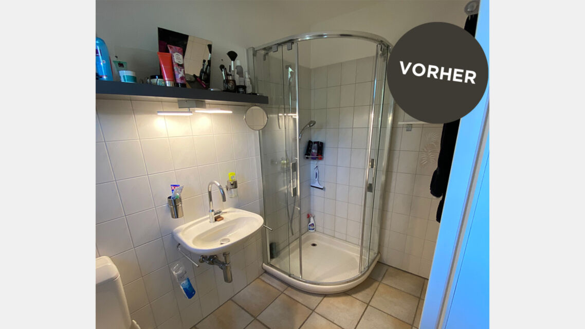 Komplett umbau moderner Gesamteindruck Spülkasten komplett fugenlos Dusche Waschtisch harmonisch vorher