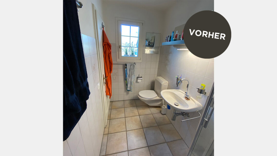 Komplett umbau moderner Gesamteindruck Spülkasten komplett fugenlos Dusche Waschtisch harmonisch vorher